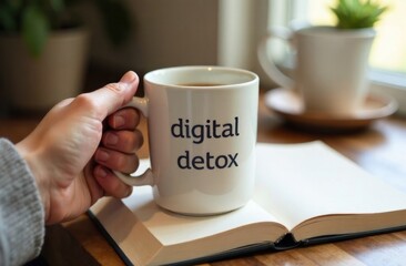 Holding a mug that reads digital detox while relaxing next to an open book and potted plant in a warm atmosphere