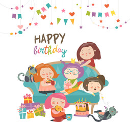 Group of cute girls celebrating birthday. Girls spending time together at homev