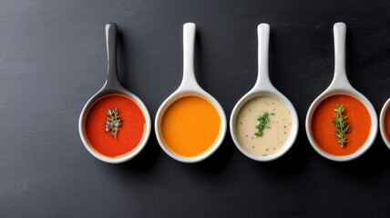 Four soups in white and black ladles on surface, garnished with herbs