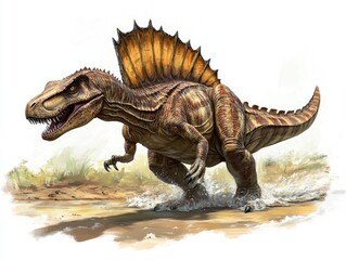 Fototapeta premium Spinosaurus running, prehistoric swamp, paleontological illustration, educational use