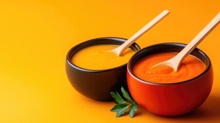 Two bowls of creamy soup with spoons and parsley garnish on orange surface