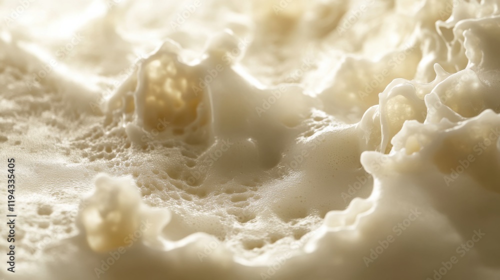 Poster close-up view of creamy foam texture showcasing soft bubbles and fluid dynamics against a light back