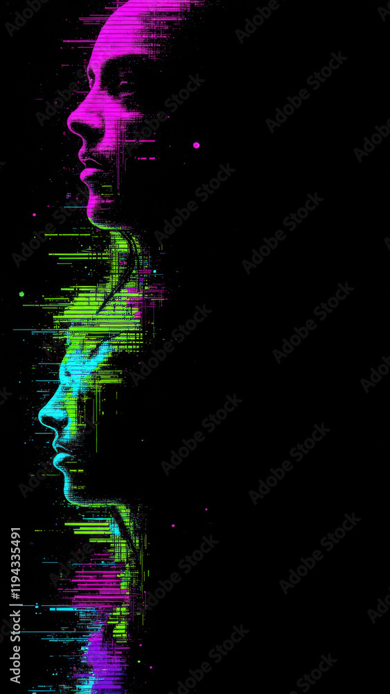 Poster vibrant abstract background with overlapping colorful digital human figures and cybernetic elements.