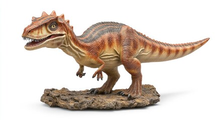 Fototapeta premium Realistic Dinosaur Model Displayed on a Rock Against a Clean White Background