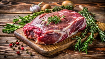Tender raw boneless lamb leg is placed on a wooden background with aromatic herbs and roasted to perfection , food, roasted