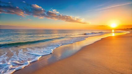 Serene Sunset Beach Scene Golden Hour Waves Gently Kissing the Shore