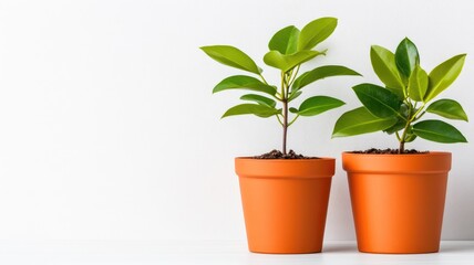 Obraz premium Two green plants in orange pots against white background