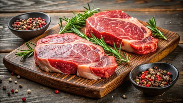 Fresh raw Prime Black Angus beef steaks on wooden board, high-quality image of perfectly seasoned and marbled meat, premium cuts, chef specialty