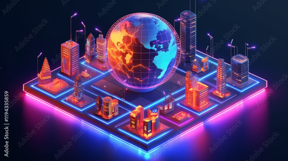 Poster abstract digital globe with global network connections and images of media content floating around i