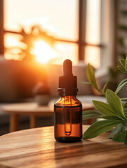Natural essential oil bottle at sunset home interior product photography warm lighting tranquil atmosphere