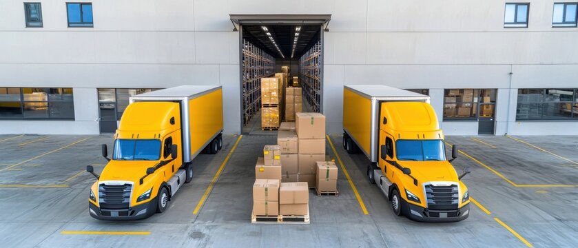 Logistics and Supply Chain concept, Two yellow delivery trucks are parked outside a warehouse, surrounded by stacked cardboard boxes, ready for loading and unloading operations.