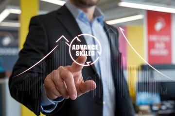 Hyper-realistic artistic concepts showcasing holographic interfaces, dynamic skill enhancement visuals, and futuristic workspaces for self-improvement and innovation