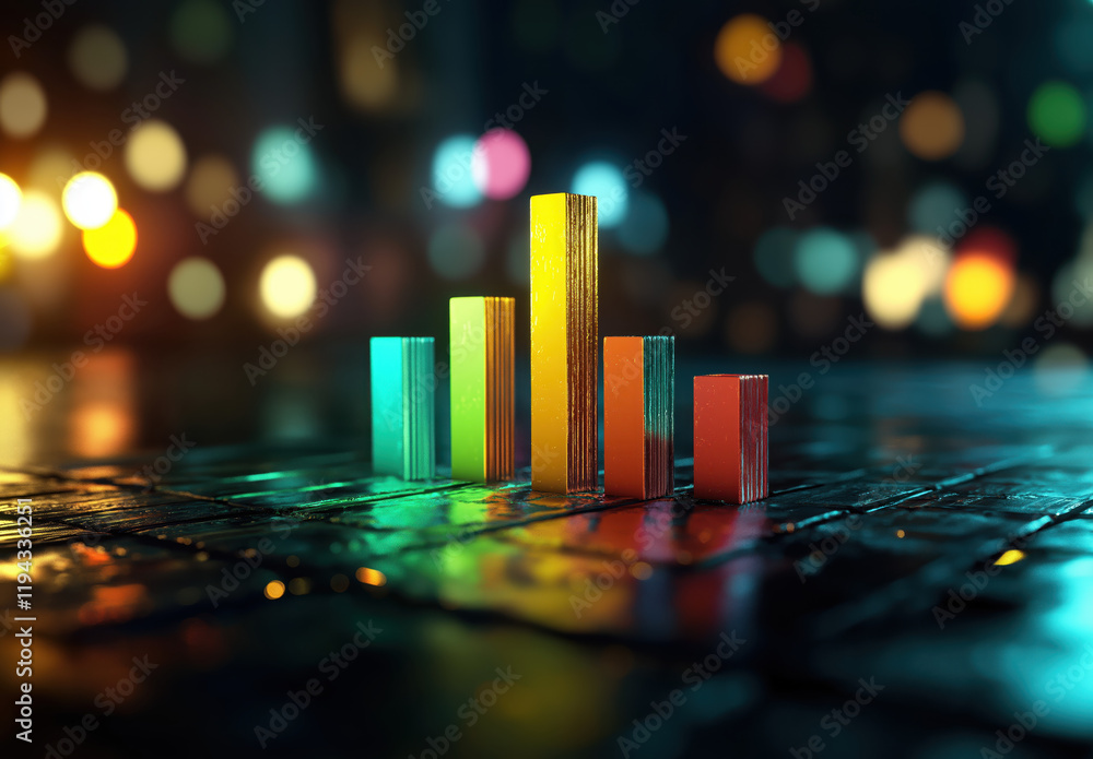 Poster data visualization display in urban environment colorful bar graph night scene modern design abstrac