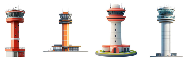 Colorful Airport Control Towers Isolated on Transparent Background