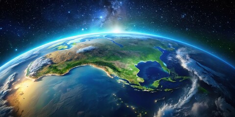Obraz premium Aerial view of Earth from space showing blue ocean and green continents on a clear night sky with stars , Stars, Viewpoint