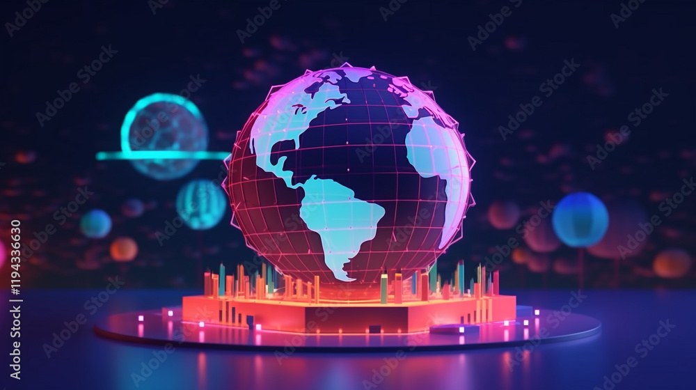 Poster a digital map of the world with glowing lines connecting various points, representing global connect