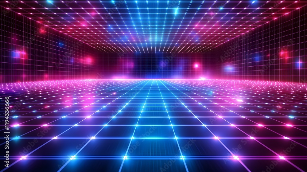 Poster immersive futuristic digital grid backdrop with neon lighting and minimalist aesthetics glowing vibr