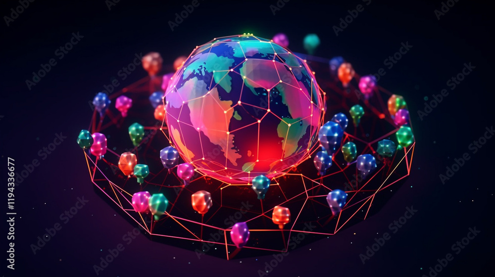 Poster a digital map of the world with glowing lines connecting various points, representing global connect