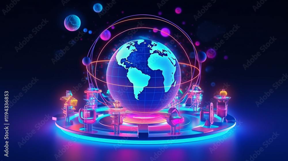 Poster a digital map of the world with glowing lines connecting various points, representing global connect