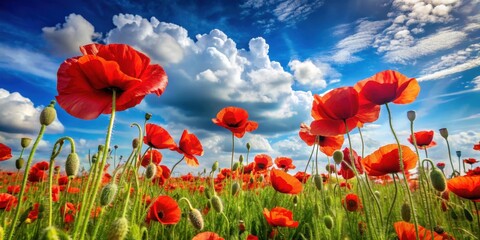 Naklejka premium Sunlit field of vibrant red poppies swaying gently in the breeze against a soft blue summer sky with fluffy white clouds
