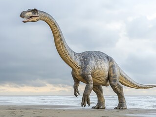 Obraz premium A Majestic Dinosaur Strolling Along a Serene Beach Under a Dramatic Overcast Sky