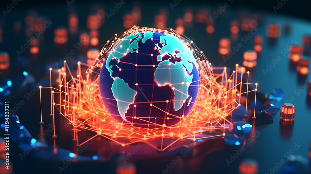 Poster a digital map of the world with glowing lines connecting various points, representing global connect