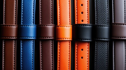 Colorful assorted watch bands made of leather and fabric in various shades textures arranged row