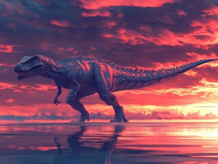 Dinosaur Silhouette at Sunset by Water's Edge - Majestic Scene with Vibrant Colors