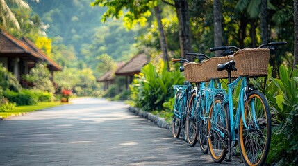 Fototapeta premium A row of bicycles lined up outside a scenic eco-friendly resort