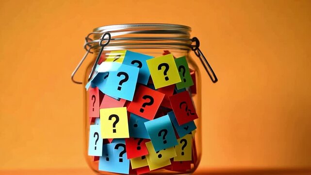 This vibrant image showcases a jar full of sticky notes in various colors. Each note is marked by a question mark. Ideal for inspirational and educational themes. Generative AI