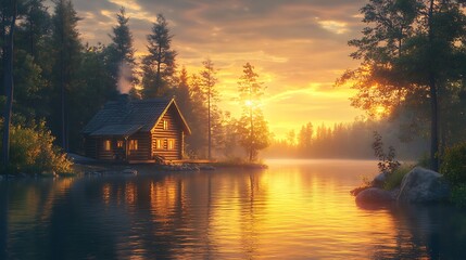 Fototapeta premium A rustic log cabin on the shore of a peaceful forest lake, the still water reflecting the golden sunset and surrounding trees, tranquil and magical ambiance, photorealistic textures,