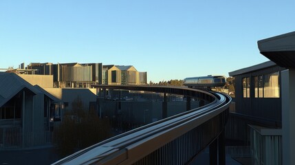Obraz premium Elevated train traversing city, modern architecture backdrop, sunset, urban transport