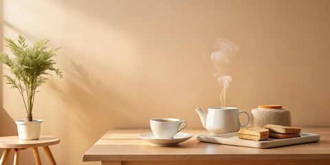 Obraz premium Serene Morning Tea Ritual with Warm Beverages and Crispy Biscuits on Wooden Table