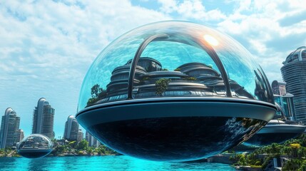 Futuristic Floating Architecture over Water in a Modern Cityscape