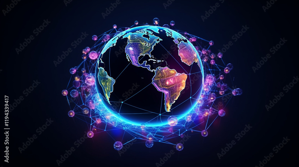 Poster big data analytics and business concept, world map point and line composition concept of global busi