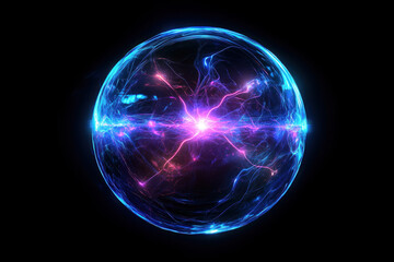 Sphere emitting blue and pink light in dark room, creating mesmerizing glow and shadows.