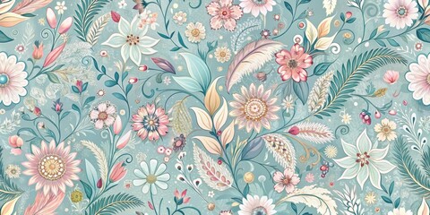 Enchanted Garden A Serene Tapestry of Delicate Blooms and Flourishing Botanicals, Featuring Intricate Leaf Patterns and Pastel Hues on a Soft Teal Background