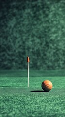 Miniature Golf Scene: A Close-Up Shot of an Orange Golf Ball Near the Hole on a Green Putting Green.