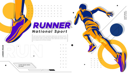 illustration of the silhouette of a sprint athlete. runner athlete with stylized flash of color on white background and geometric ornament. National sports day celebration concept