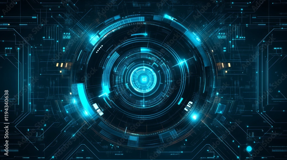 Poster futuristic tech interface; digital eye scans data; circuit background; for tech website