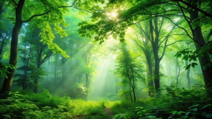 Obraz premium A lush green forest with vibrant leaves and a misty atmosphere, ecosystem, environment, ecosystem, environment