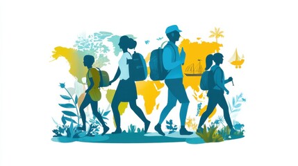Group of Diverse Travellers Exploring Nature with Backpacks Against a Background of a World Map and Illustrated Flora and Fauna
