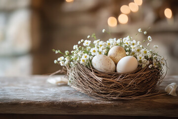 Bird nest with delicate white eggs surrounded by vibrant flowers.