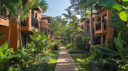 A peaceful community living space surrounded by lush gardens and pathways
