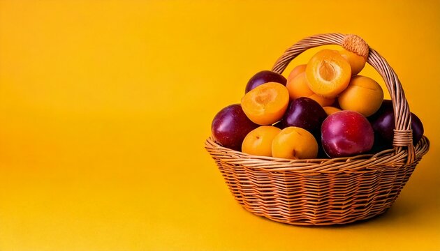 pluot and aprium fruit in basket, yellow isolated background, copy space
