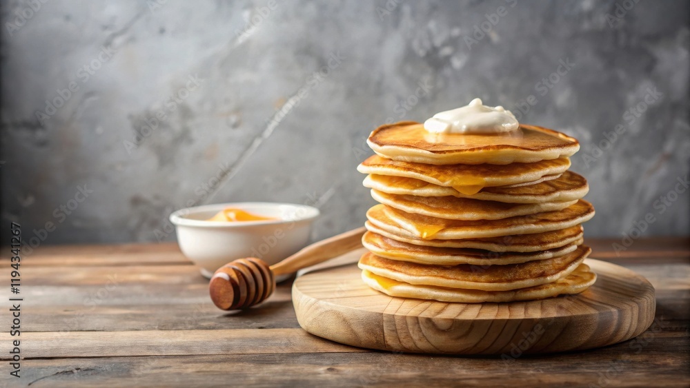 Poster a stack of golden pancakes topped with cream and honey on a rustic wooden board