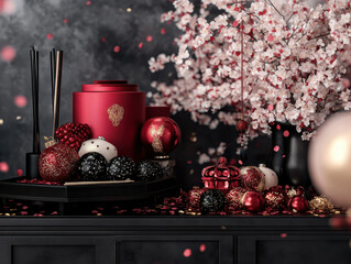 Traditional altar decorated with red and gold ornaments for Lunar New Year