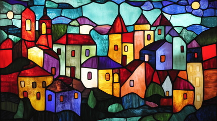 Obraz premium Beautiful city stained glass background wallpaper