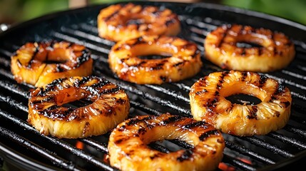 Closeup view of charred and caramelized grilled pineapple rings cooking on an outdoor barbecue grill  The pineapple slices have a golden brown sear and grill marks creating a sweet and smoky flavor