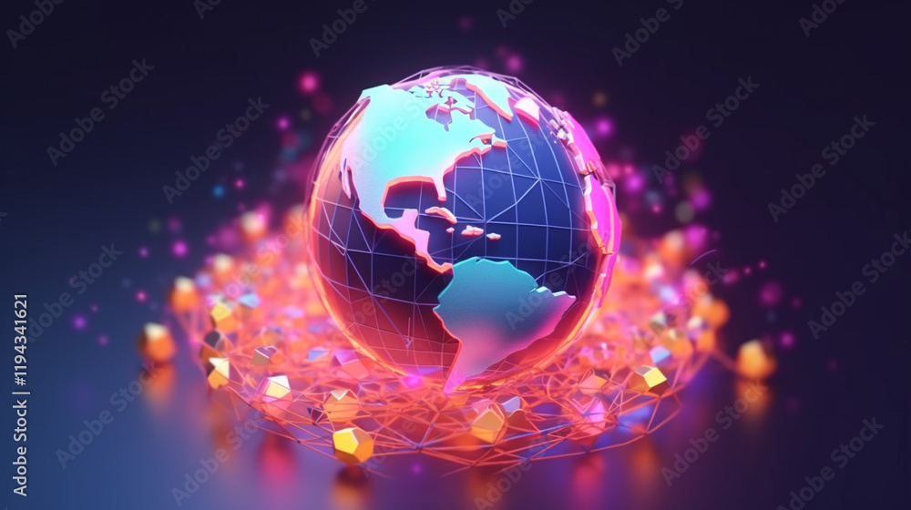 Poster global network connection concept continents are subtly highlighted in radiant colors against a deep